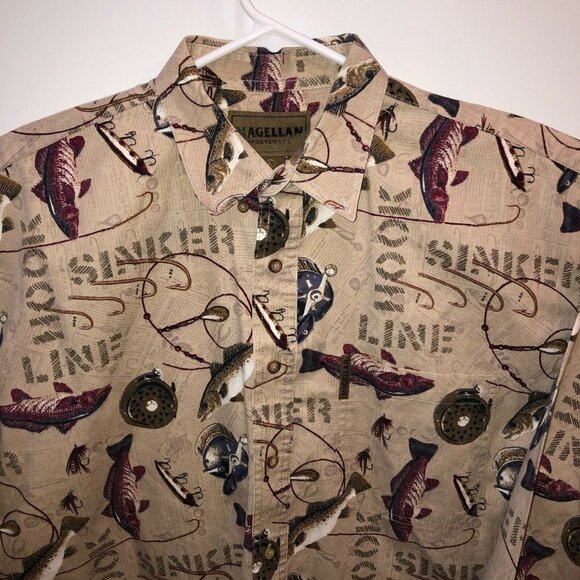 Magellan Mens Large Beige Fish Printed Long Sleeve Button Up Collar Shirt Size L - Picture 4 of 10